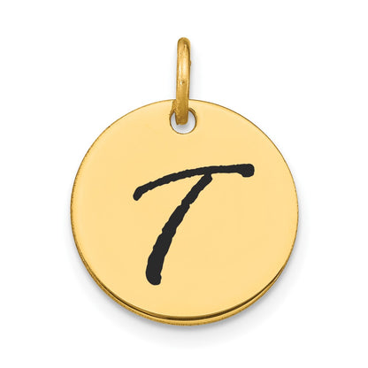 14k Yellow Gold Polished Black Enamel Letter T Initial Disk Charm