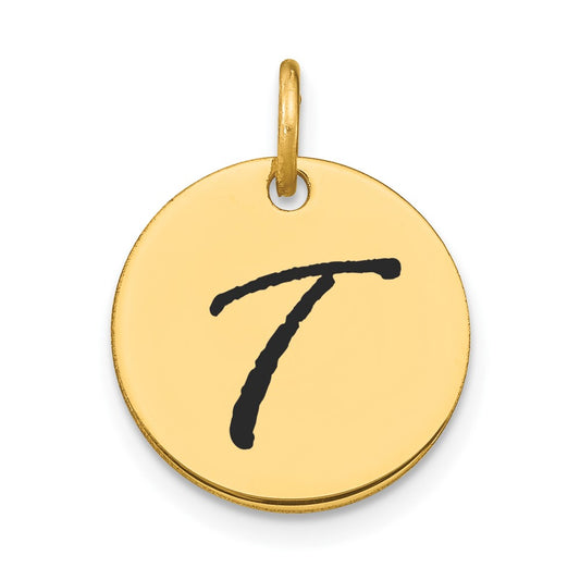 14k Yellow Gold Polished Black Enamel Letter T Initial Disk Charm