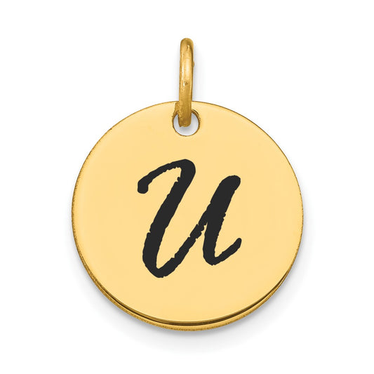 14k Yellow Gold Polished Black Enamel Letter U Initial Disk Charm