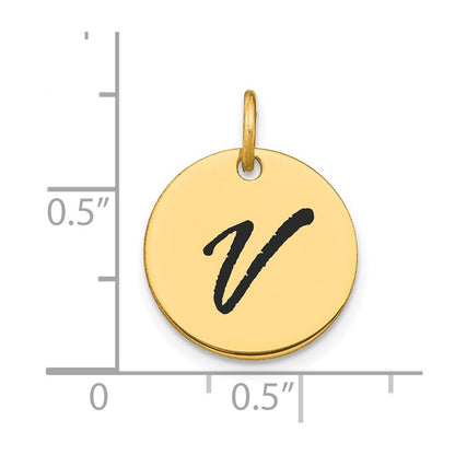 14k Yellow Gold Polished Black Enamel Letter V Initial Disk Charm