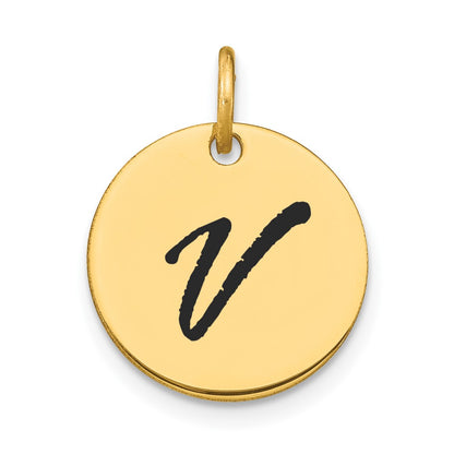 14k Yellow Gold Polished Black Enamel Letter V Initial Disk Charm
