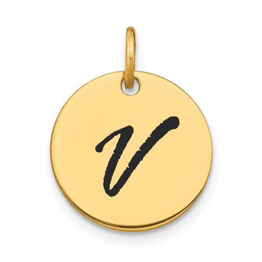 14k Yellow Gold Polished Black Enamel Letter V Initial Disk Charm