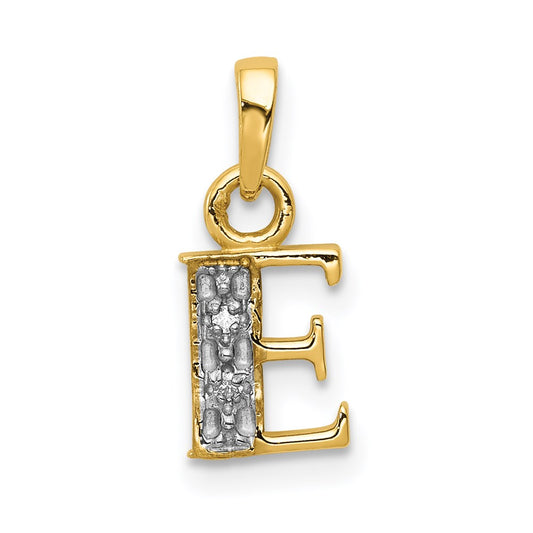 14k and Rhodium Polished .01ct Diamond Initial E Charm