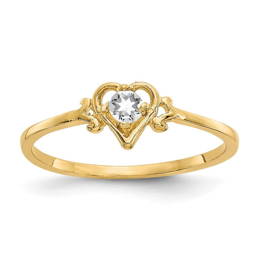 14K Yellow Gold White Topaz Birthstone Heart Ring