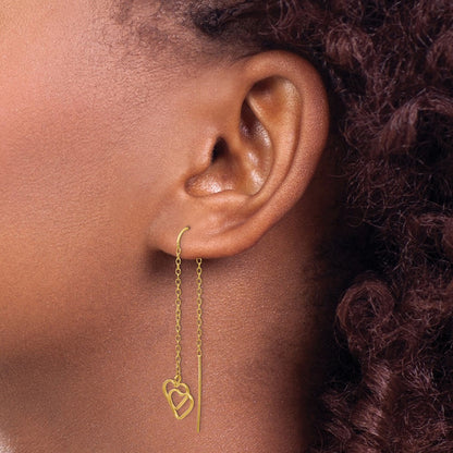 14k Yellow Gold Double Heart Threader Earrings
