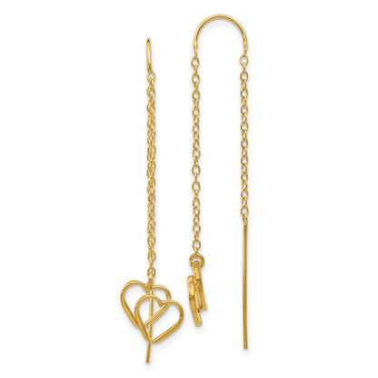 14k Yellow Gold Double Heart Threader Earrings
