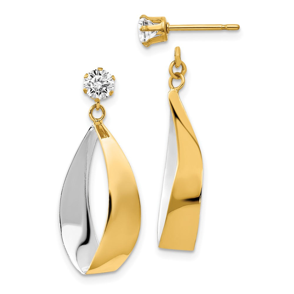 14k Yellow & Rhodium Gold Oval Dangle Jacket w/Rhodium and CZ Earrings