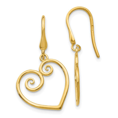 14k Yellow Gold Heart Dangle Shepherd Hook Earrings