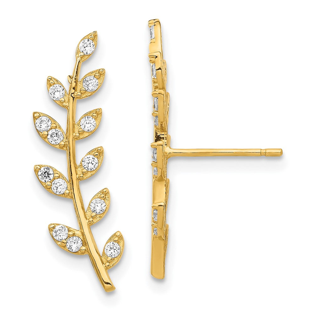 14k Yellow Gold CZ Fern Ear Climber Earrings