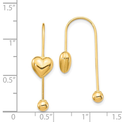 14k Yellow Gold Puffed Heart w/Screw End Threader Earrings