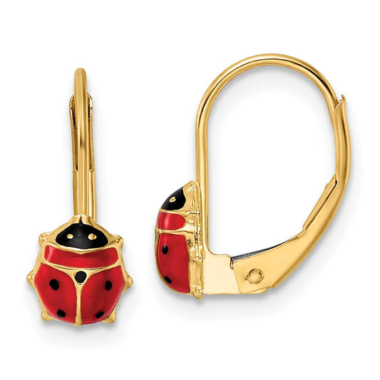 14k Yellow Gold Polished Enameled Ladybug Leverback Earrings