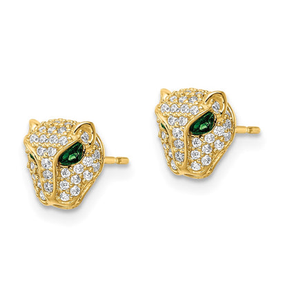 14k Yellow Gold Polished Green & White CZ Lioness Head Post Earrings