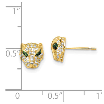 14k Yellow Gold Polished Green & White CZ Lioness Head Post Earrings