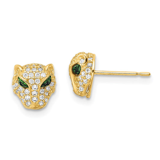 14k Yellow Gold Polished Green & White CZ Lioness Head Post Earrings