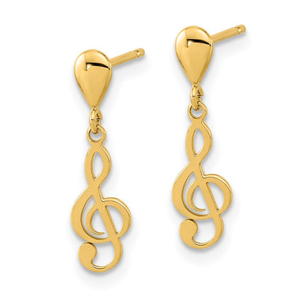 14k Yellow Gold Polished Treble Clef Dangle Earrings