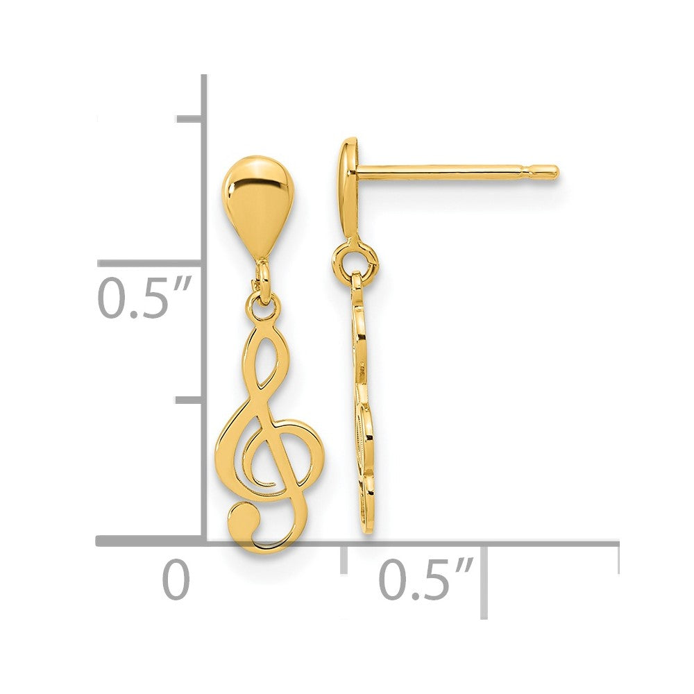 14k Yellow Gold Polished Treble Clef Dangle Earrings