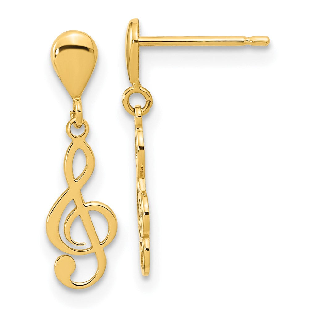 14k Yellow Gold Polished Treble Clef Dangle Earrings