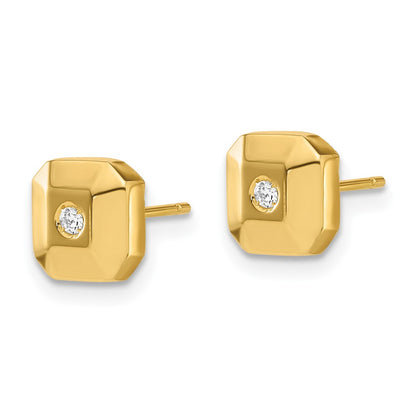 14k Yellow Goldy Polished Faceted Square with CZ Post Earrings