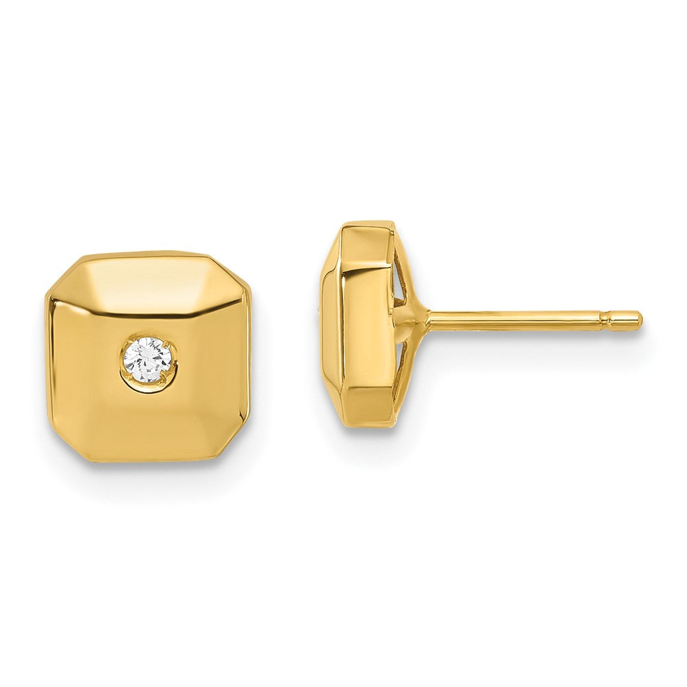 14k Yellow Goldy Polished Faceted Square with CZ Post Earrings