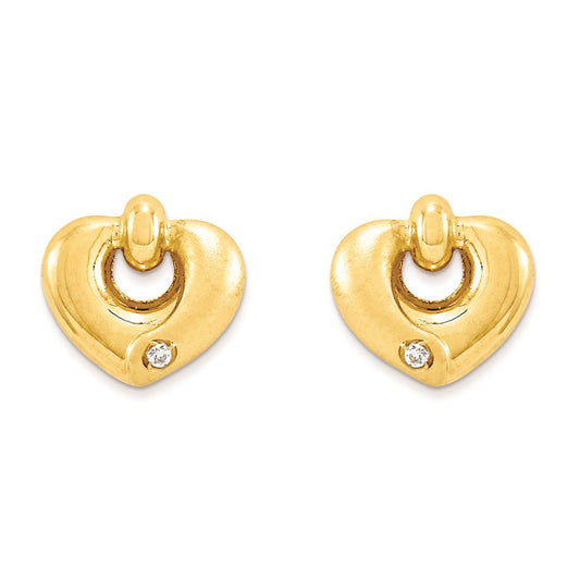 14k Yellow Gold Polished & Satin Heart with CZ Post Earrings