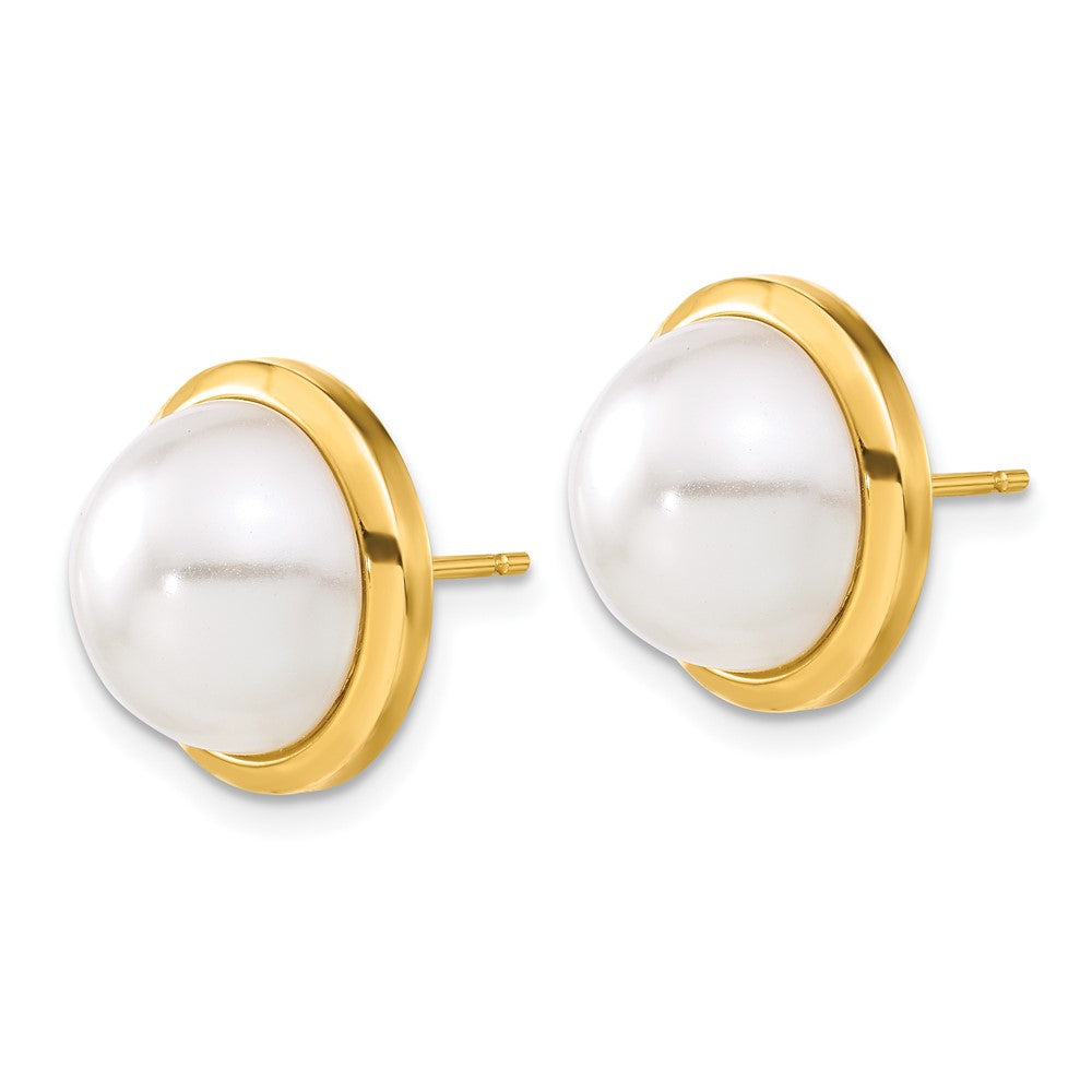 14k Yellow Goldy Simulated Pearl Post Button Earrings