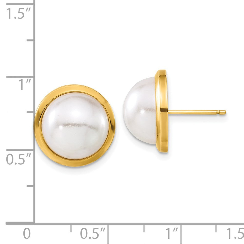 14k Yellow Goldy Simulated Pearl Post Button Earrings