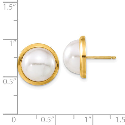 14k Yellow Goldy Simulated Pearl Post Button Earrings