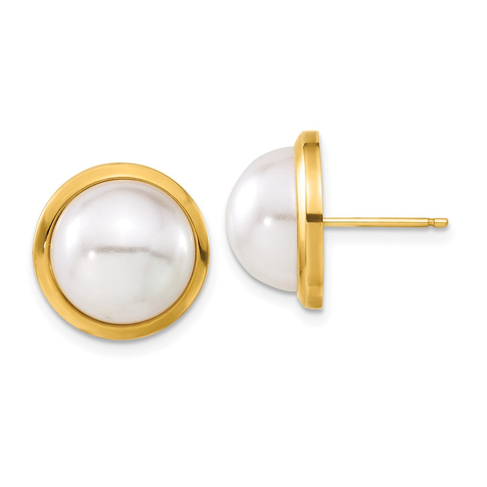 14k Yellow Goldy Simulated Pearl Post Button Earrings
