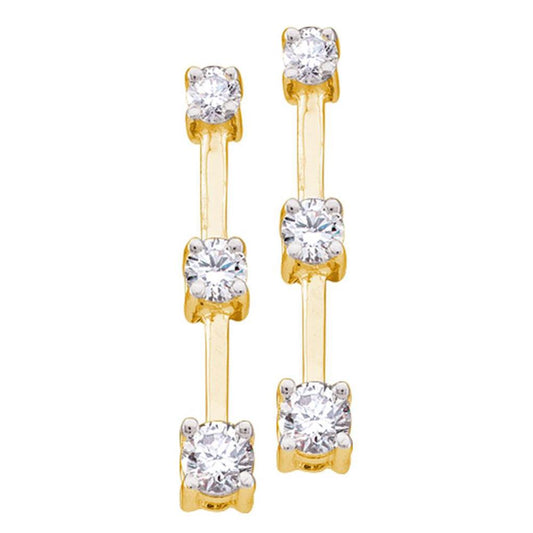 14k Yellow Gold Round Diamond 3-Stone Stick Earrings 1/2 Cttw