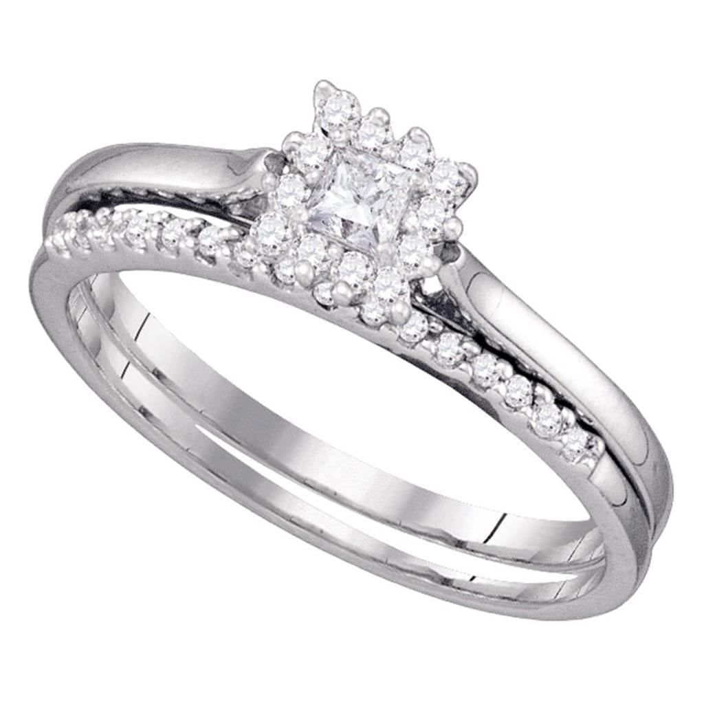 14k White Gold Princess Diamond Halo Bridal Wedding Ring Set 1/4 Cttw