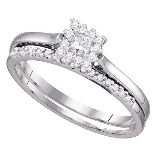 14k White Gold Princess Diamond Halo Bridal Wedding Ring Set 1/4 Cttw