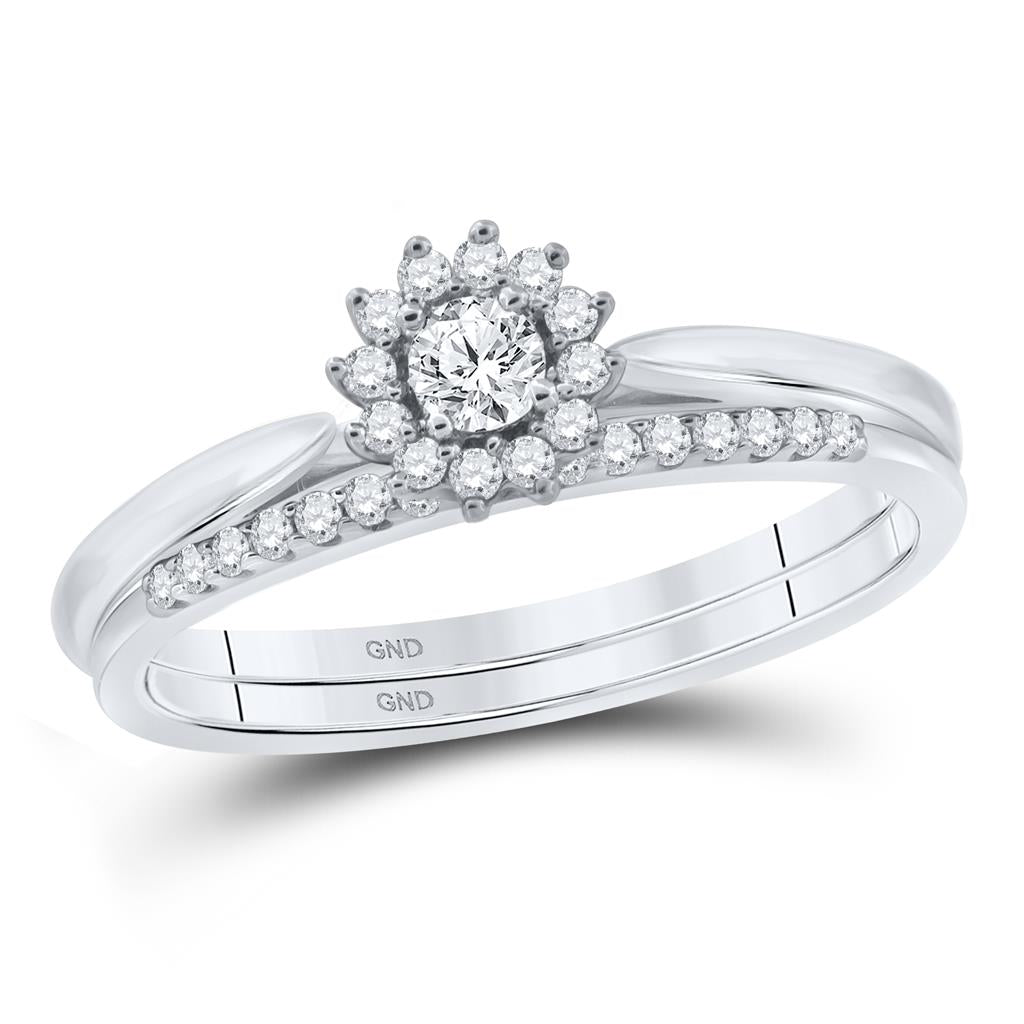 14k White Gold Round Diamond Halo Wedding Bridal Ring Set 1/4 Cttw