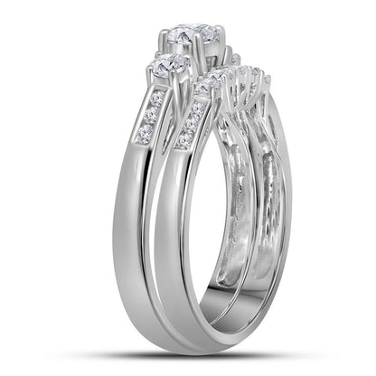 14k White Gold Round Diamond 3-Stone Bridal Wedding Ring Set 1 Cttw (Certified)