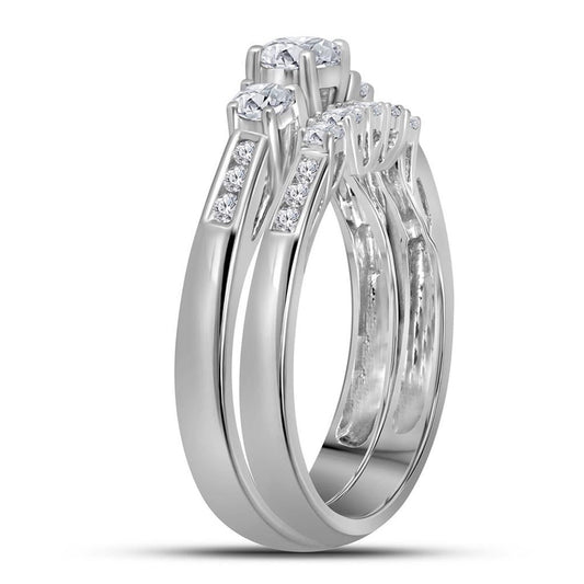 14k White Gold Round Diamond 3-Stone Bridal Wedding Ring Set 1 Cttw (Certified)