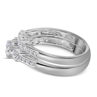 14k White Gold Round Diamond 3-Stone Bridal Wedding Ring Set 1 Cttw (Certified)