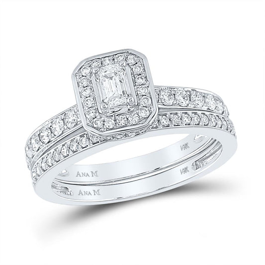 14k White Gold Emerald Diamond Bridal Wedding Ring Set 1 Cttw (Certified)