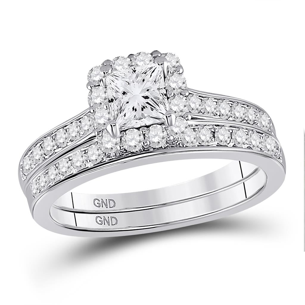 14k White Gold Princess Diamond Halo Bridal Wedding Ring Set 1-1/4 Cttw (Certified)