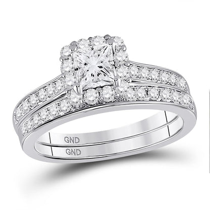 14k White Gold Princess Diamond Halo Bridal Wedding Ring Set 1-1/4 Cttw (Certified)