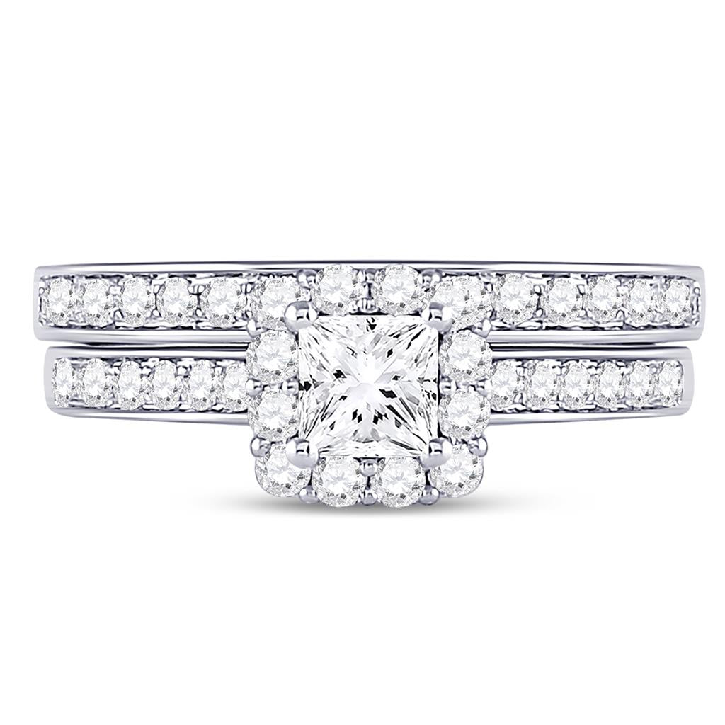 14k White Gold Princess Diamond Halo Bridal Wedding Ring Set 1-1/4 Cttw (Certified)