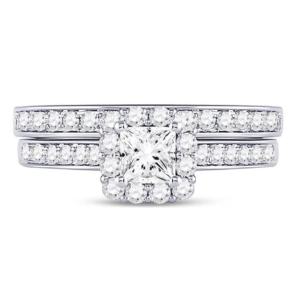 14k White Gold Princess Diamond Halo Bridal Wedding Ring Set 1-1/4 Cttw (Certified)