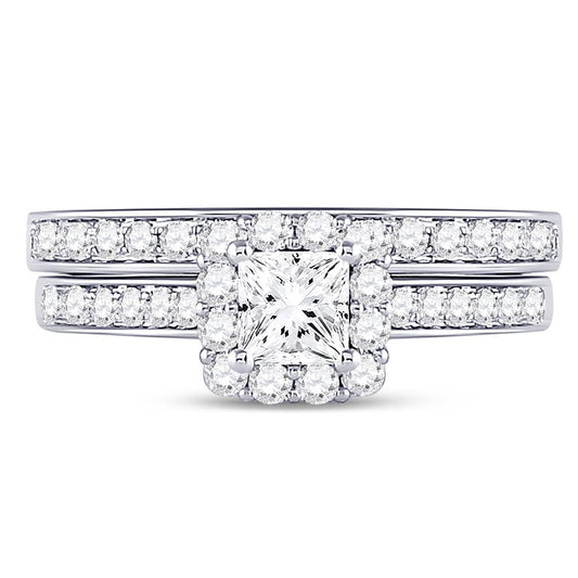 14k White Gold Princess Diamond Halo Bridal Wedding Ring Set 1-1/4 Cttw (Certified)