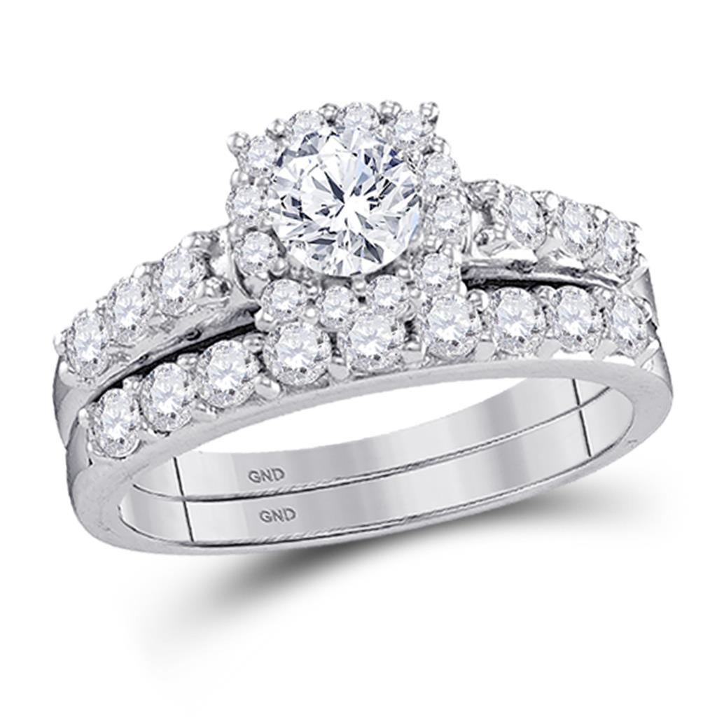 14k White Gold Round Diamond Halo Bridal Wedding Ring Set 1-1/2 Cttw (Certified)