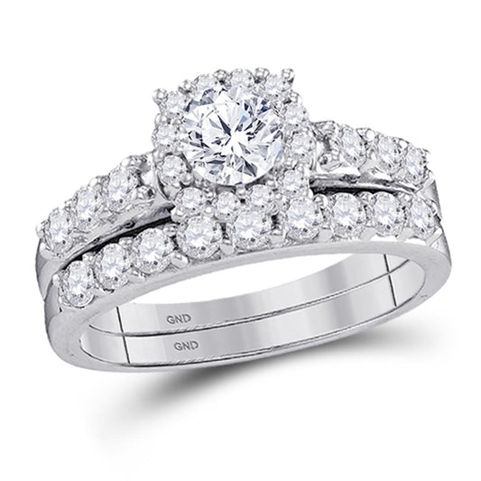 14k White Gold Round Diamond Halo Bridal Wedding Ring Set 1-1/2 Cttw (Certified)