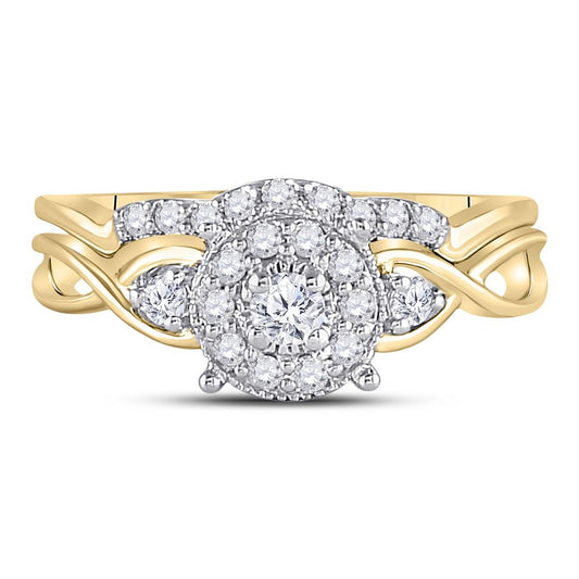 10k Yellow Gold Round Diamond Halo Twist Bridal Wedding Ring Set 1/3 Cttw