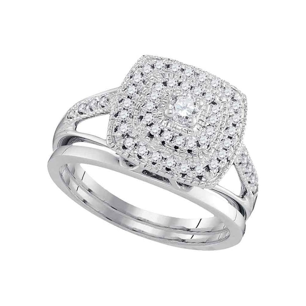 14k White Gold Round Square Frame Diamond Bridal Wedding Ring Set 1/3 Cttw