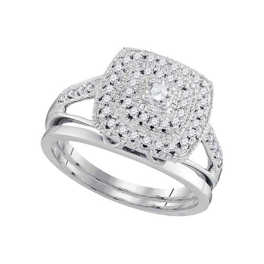 14k White Gold Round Square Frame Diamond Bridal Wedding Ring Set 1/3 Cttw