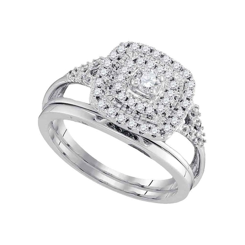 14k White Gold Round Diamond Square Halo Bridal Wedding Ring Set 1/3 Cttw