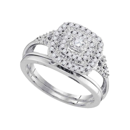 14k White Gold Round Diamond Square Halo Bridal Wedding Ring Set 1/3 Cttw