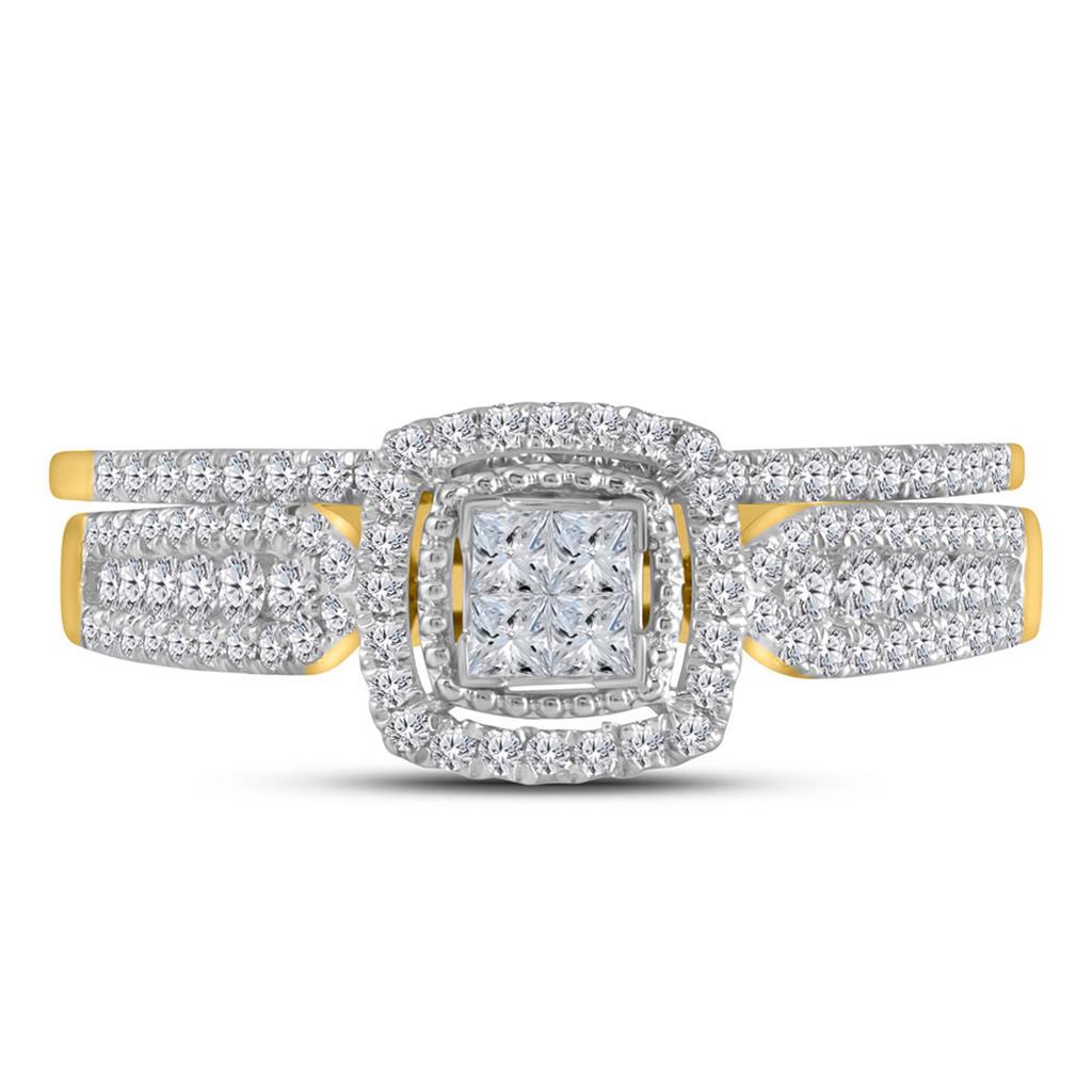 14k Yellow Gold Princess Diamond Halo Bridal Wedding Ring Set 1/2 Cttw