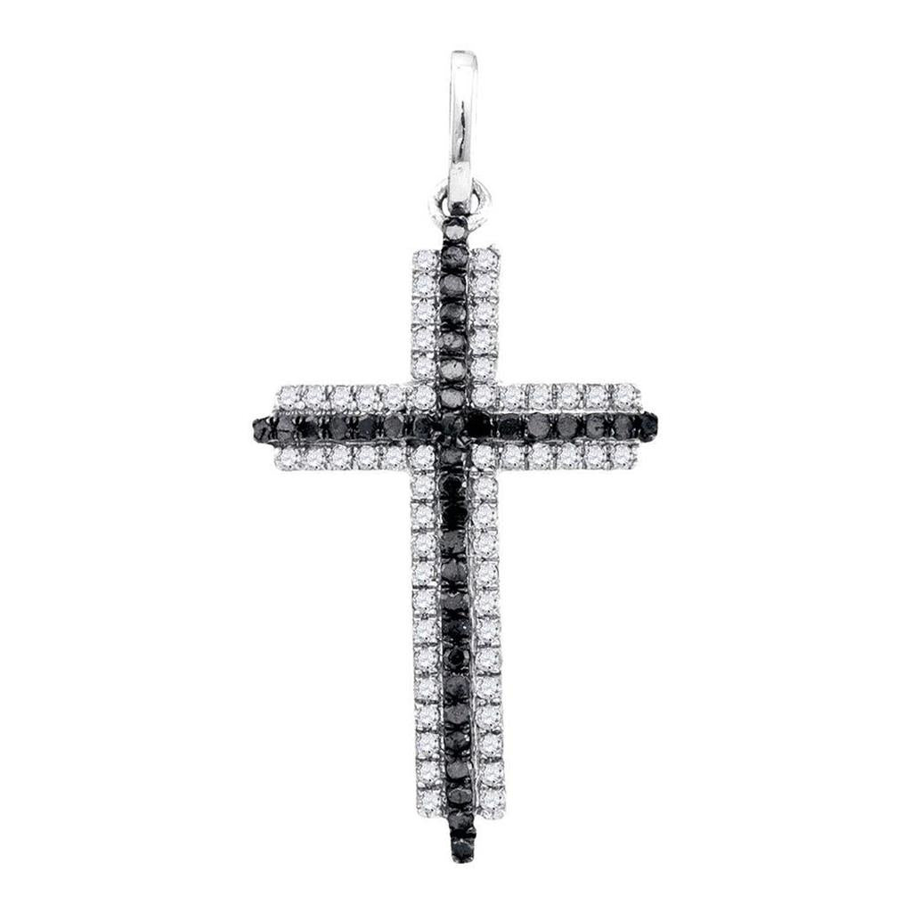 14k White Gold Round Black Diamond Cross Pendant 1/4 Cttw